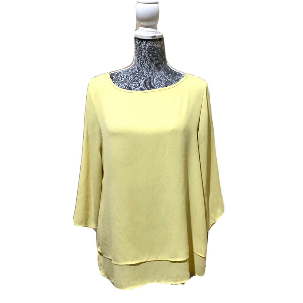 The Limited Yellow Chiffon Tunic Blouse Womens M Layered Hi Low 3/4 Sleeve Top